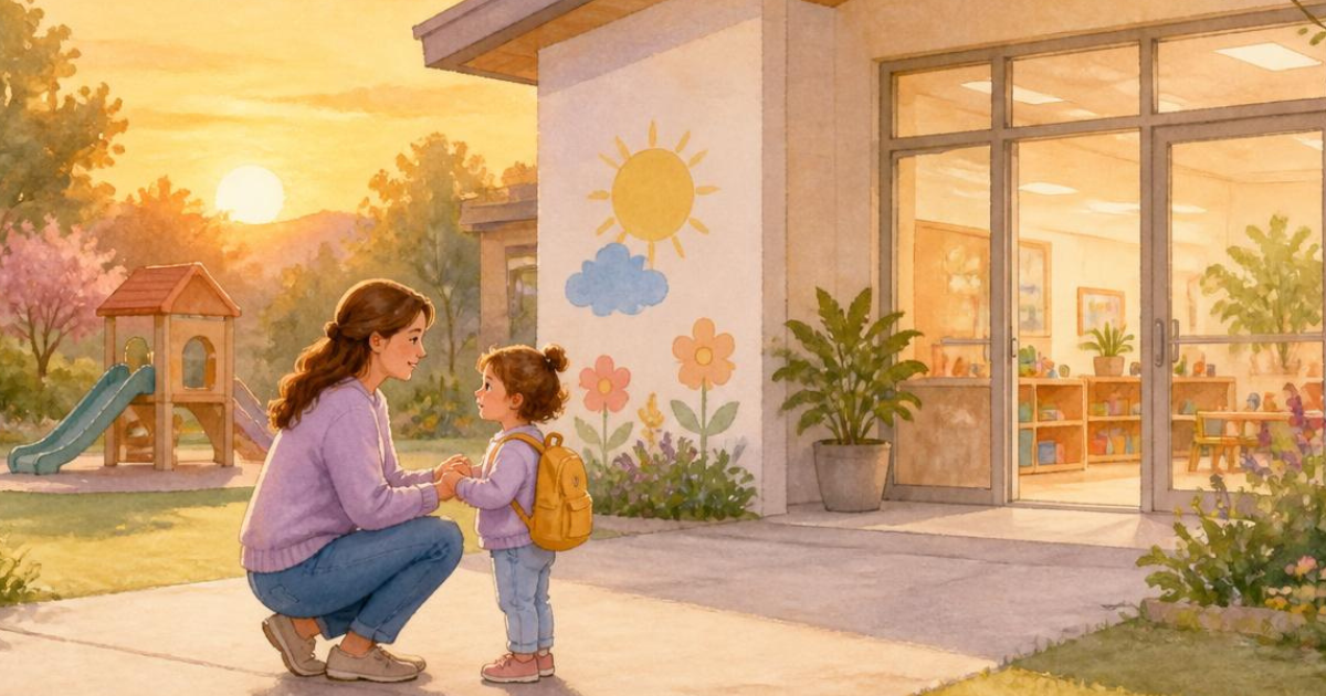 Une maman retrouve son enfant à la sortie de la crèche et le prend dans ses bras.